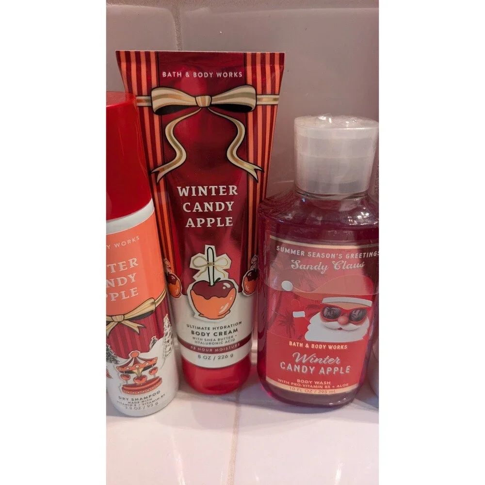 Bath & Body Works Winter Candy Apple 4-Piece Set Cream Wash Dry Shampoo NWT